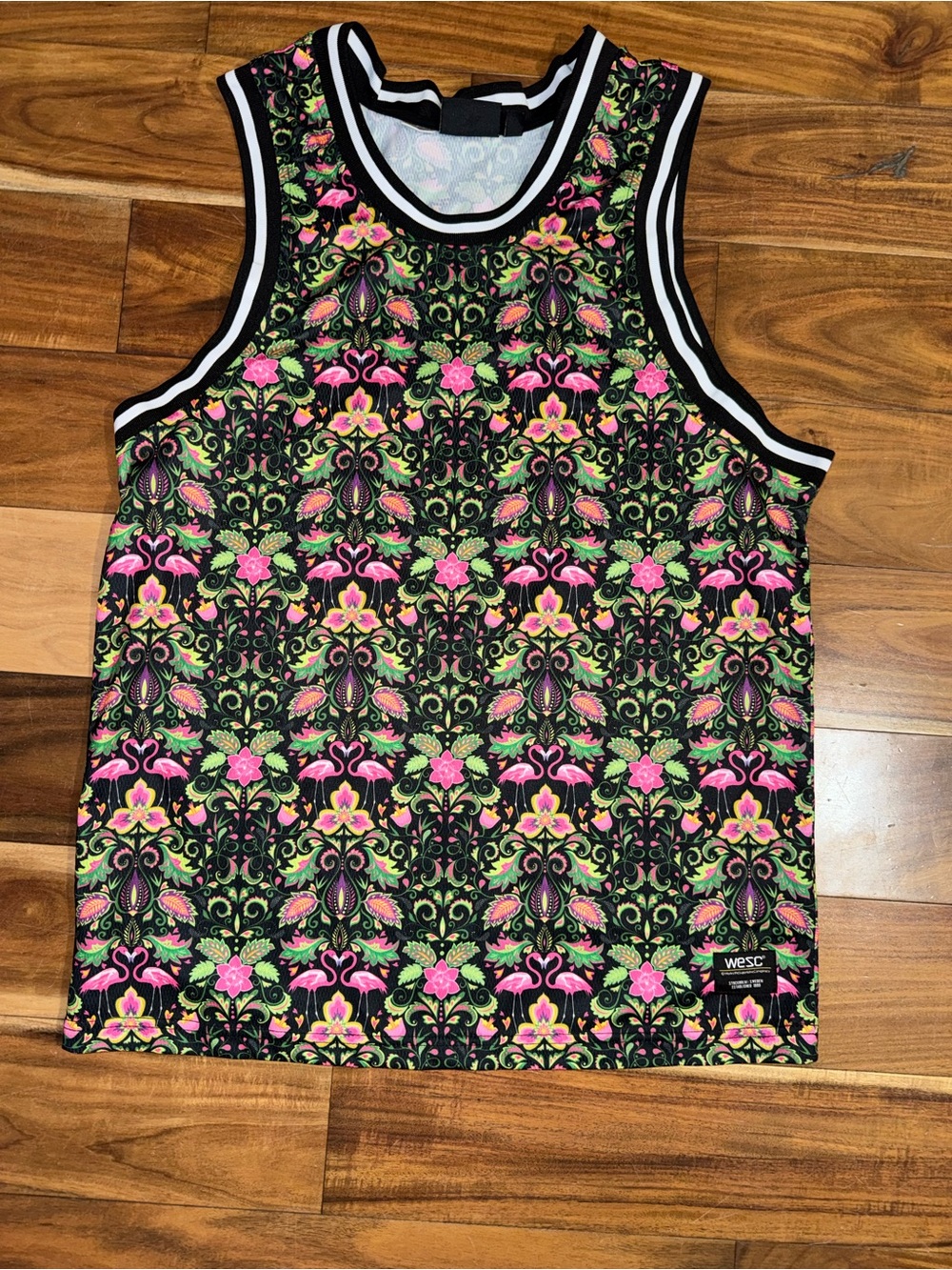 LIKE NEW WESC Black Basketball Tank with Pink & Green Floral Flamingo Print